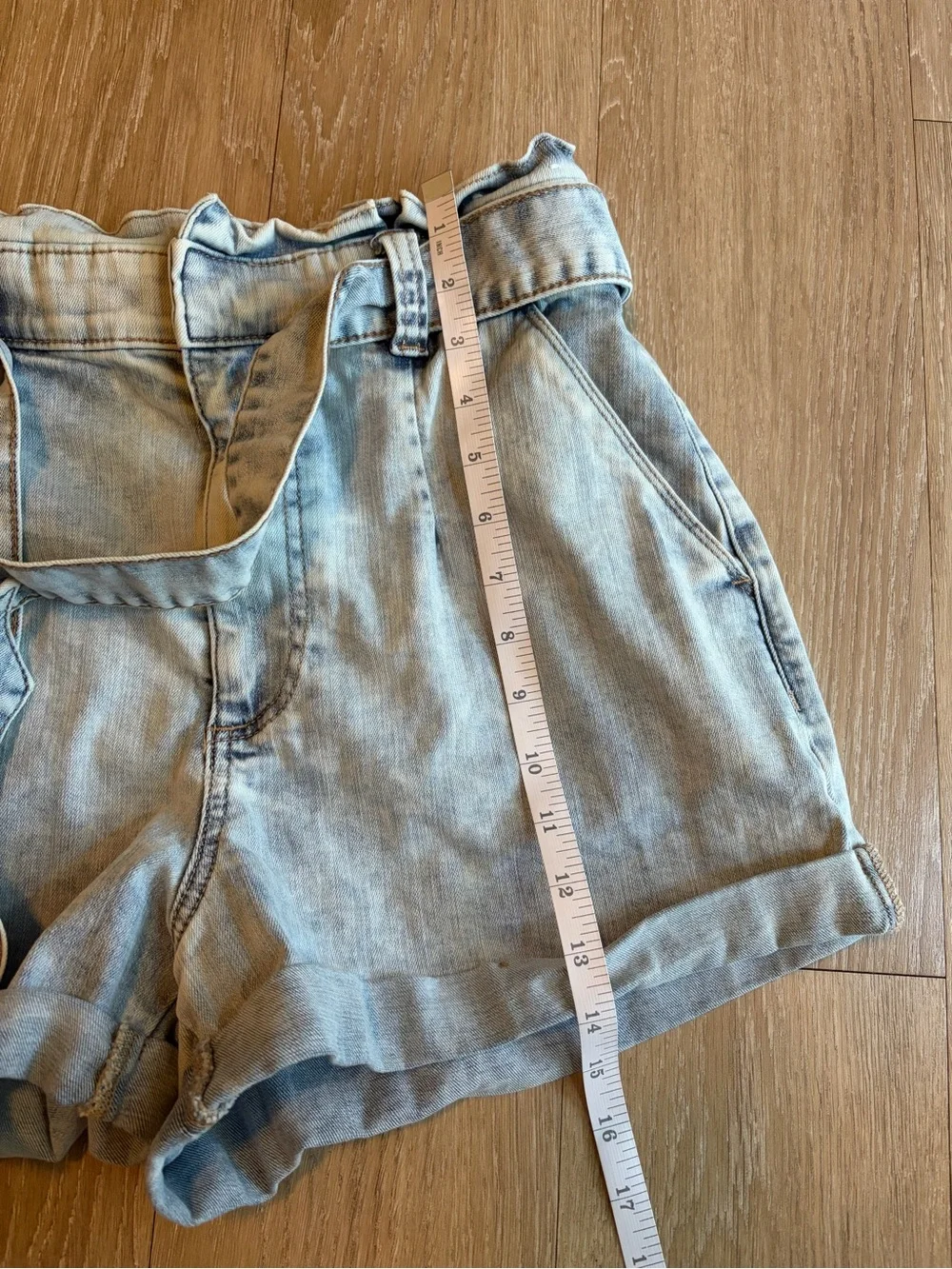 Light Blue Shortie Super High Rise Paperbag Waist Denim Shorts w/ Tie Belt